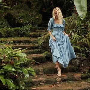 Doen Sol Floral Ruffle Maxi Dress in Blue Garden Bloom